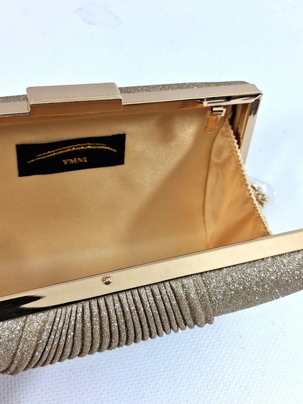 Sparkly Gold Evening Clutch with Chain Shoulder Strap Kiss Lock Top Closure NEW